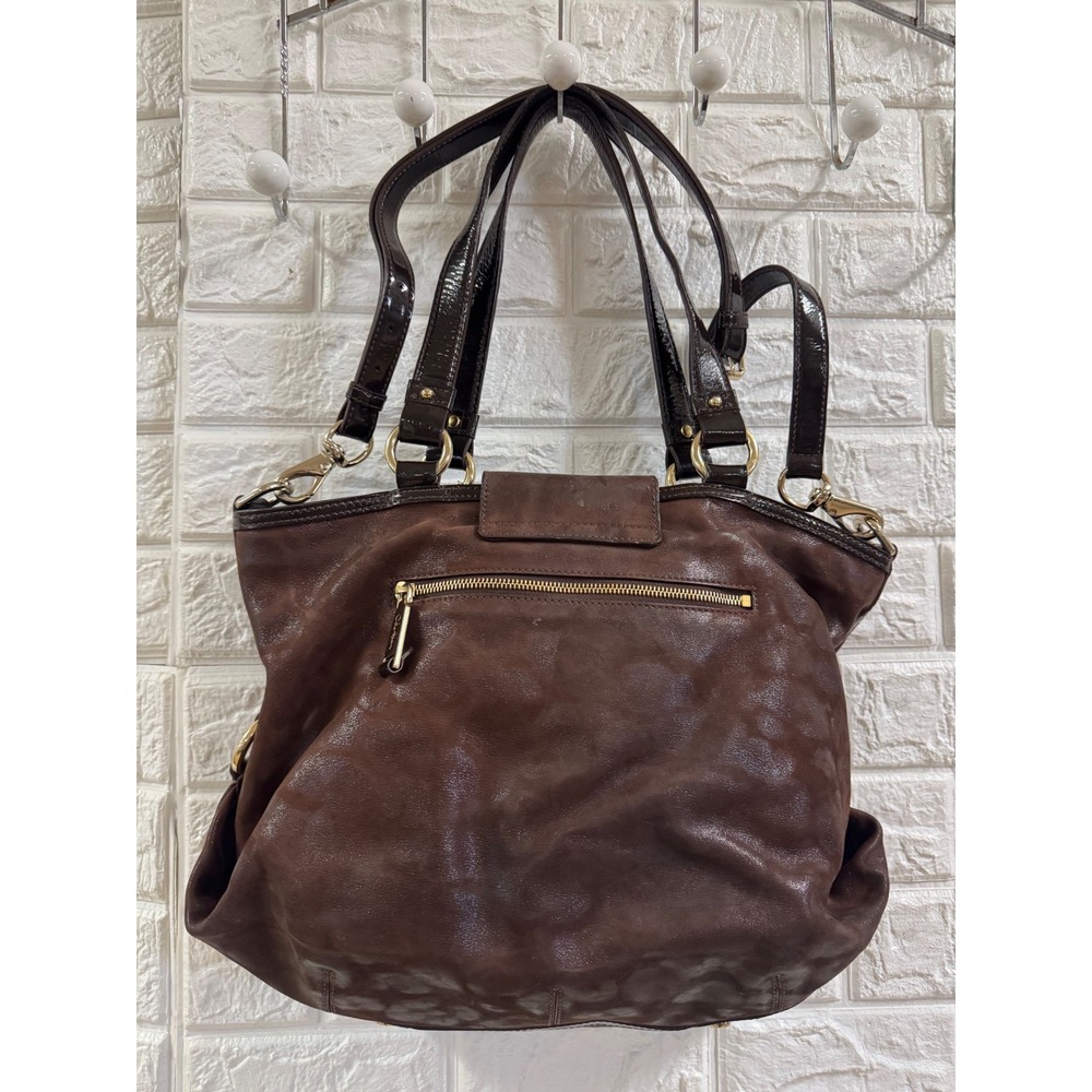 Cole Haan Brown Leather Hobo Bag Patent Trim Crossbody Shoulder Handbag GoldTone - Picture 5 of 8